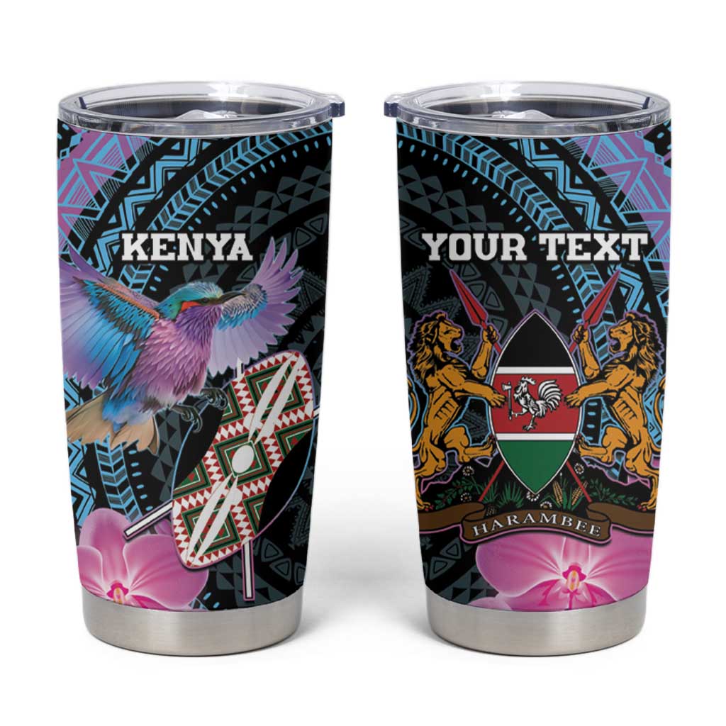 Personalised Kenya Lilac Breasted Roller Tumbler Cup Mix Maasai Shield With Orchid Flower - Wonder Print Shop