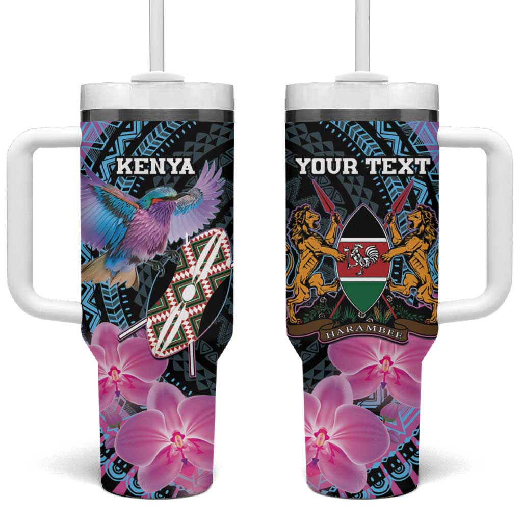 Personalised Kenya Lilac Breasted Roller Tumbler With Handle Mix Maasai Shield With Orchid Flower - Wonder Print Shop