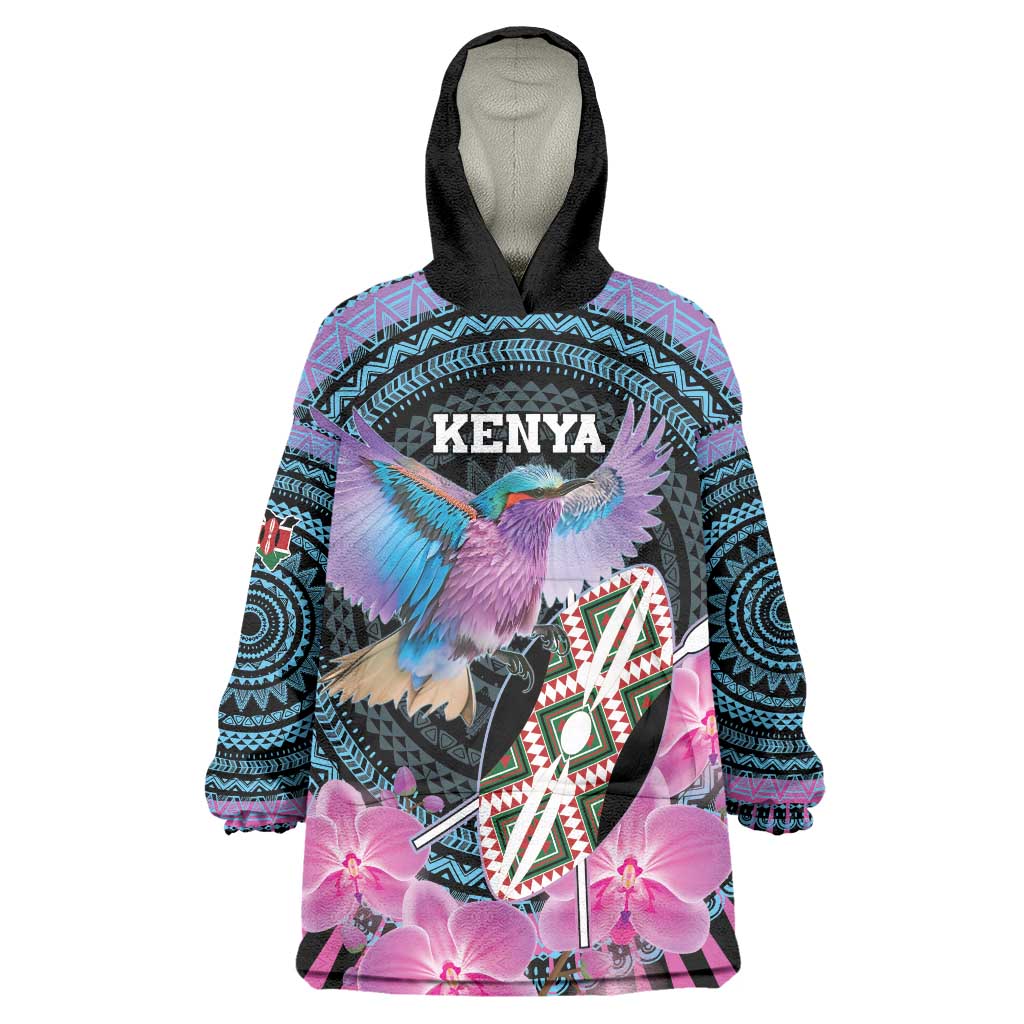 Personalised Kenya Lilac Breasted Roller Wearable Blanket Hoodie Mix Maasai Shield With Orchid Flower - Wonder Print Shop