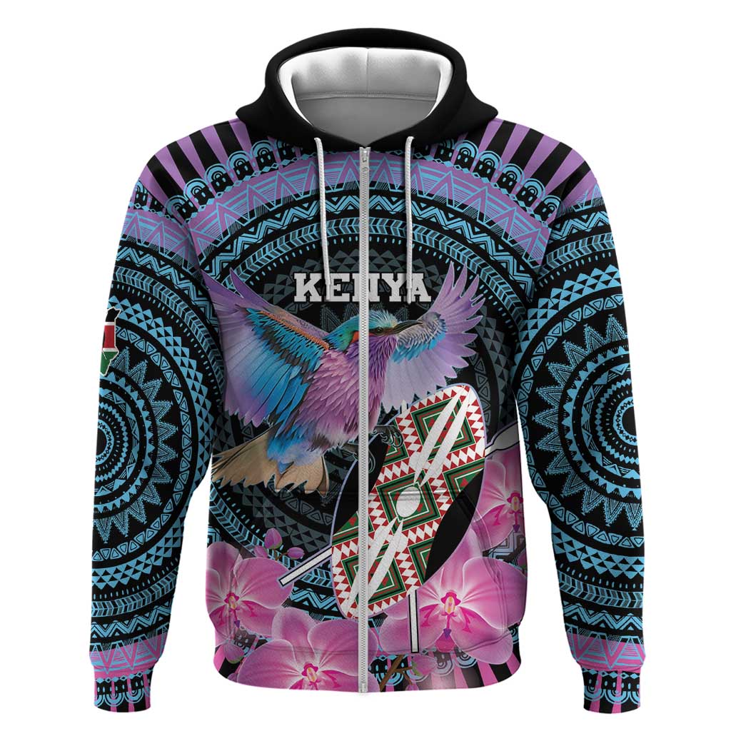 Personalised Kenya Lilac Breasted Roller Zip Hoodie Mix Maasai Shield With Orchid Flower - Wonder Print Shop