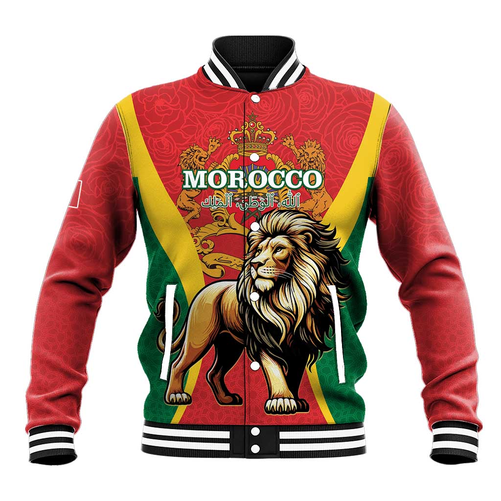 Red baseball jacket with Morocco crest, lion graphic, striped collar and cuffs.
