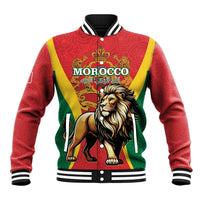 Red baseball jacket with Morocco crest, lion graphic, striped collar and cuffs.
