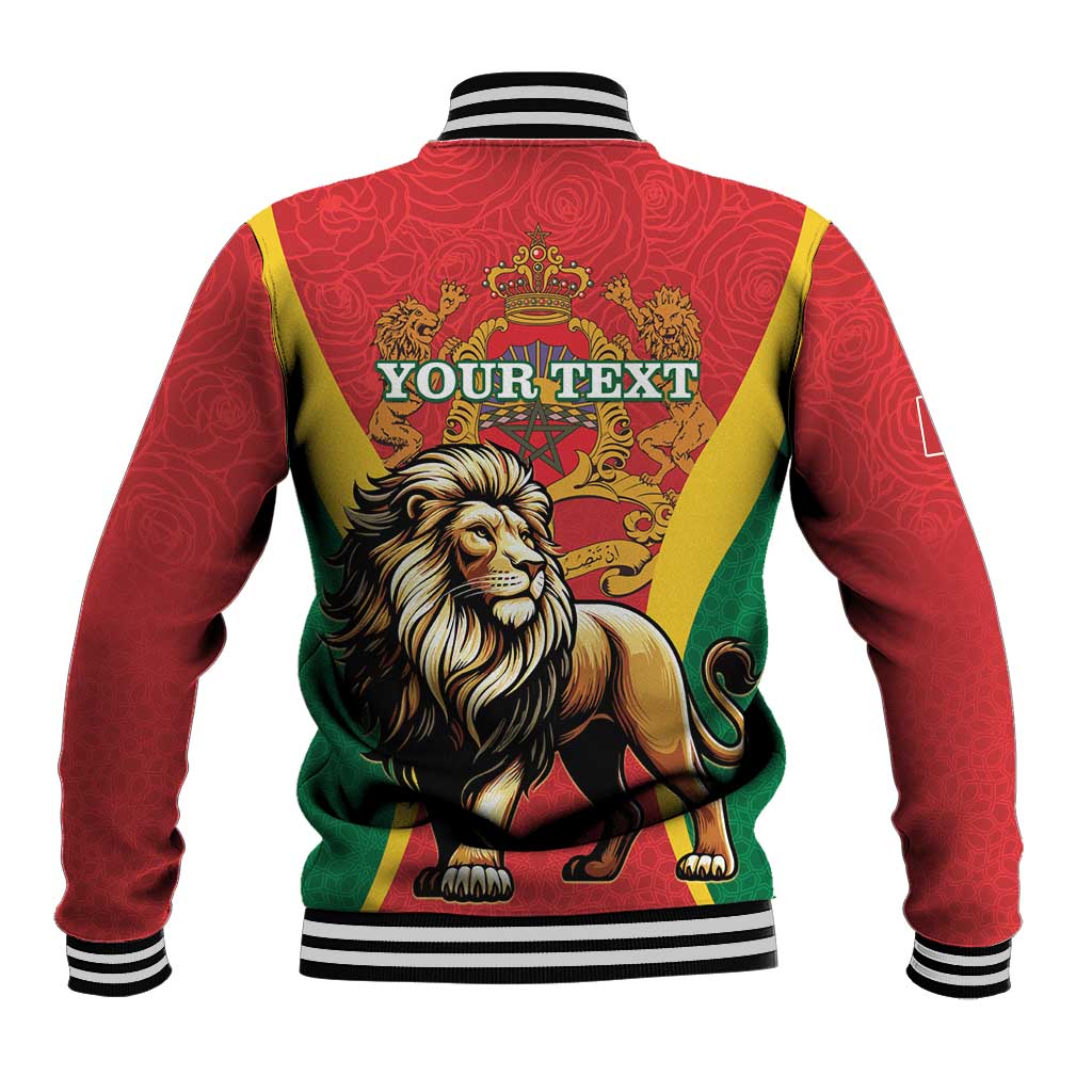 Red baseball jacket back with lion crest and crown, 'YOUR TEXT' print, striped ribbed cuffs.