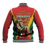 Red baseball jacket back with lion crest and crown, 'YOUR TEXT' print, striped ribbed cuffs.