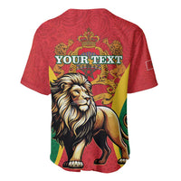 Red baseball jersey with large “YOUR TEXT” banner and lion crest graphic.