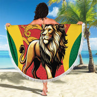 Round lion-themed beach blanket with crown graphic in red, yellow, and green, white fringe edge