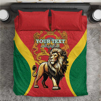 Bed set with red duvet and two red pillows, featuring lion and crown emblem in green and yellow