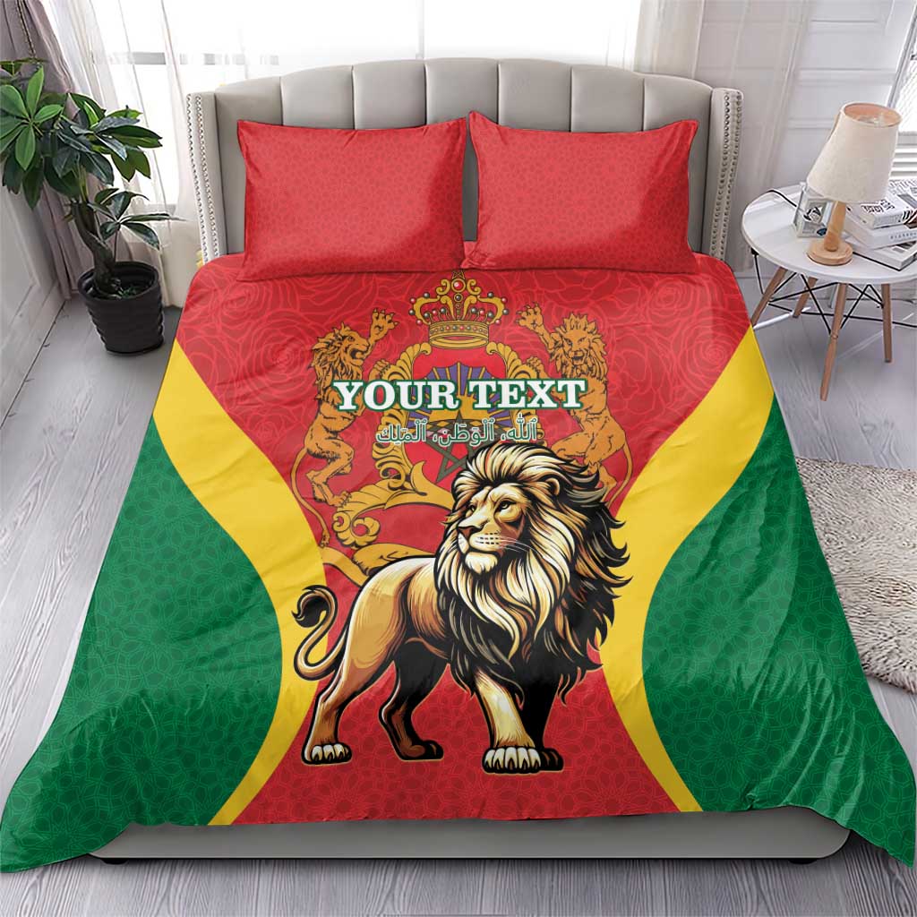 Red duvet bedding set with two red pillows, lion and crown design, green and yellow curved panels