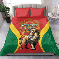 Red duvet bedding set with two red pillows, lion and crown design, green and yellow curved panels