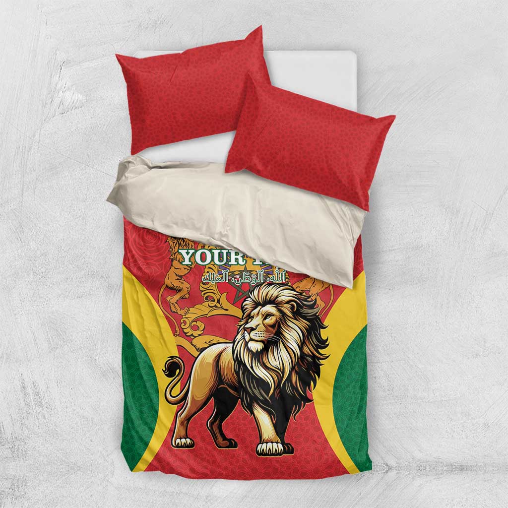 Bedding set with red pillows and duvet featuring lion and crown crest, green and yellow side panels