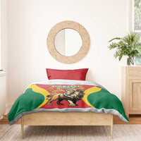 Red duvet and red pillowcases with lion and crown emblem, green and yellow design on bed
