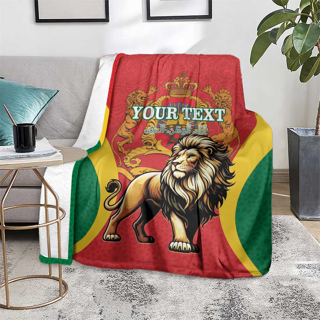 Personalized Morocco proclamation blanket, lion and crown crest with YOUR TEXT on red yellow green