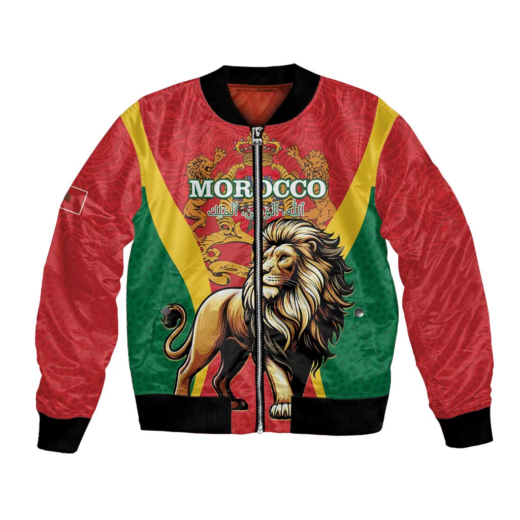 Unisex red bomber jacket with lion graphic, Morocco-style crest, full zip front