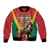 Unisex red bomber jacket with lion graphic, Morocco-style crest, full zip front