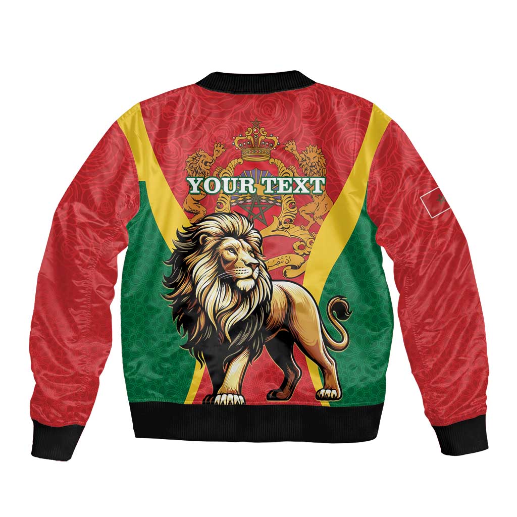 Unisex bomber jacket back with lion graphic and Morocco crest, 'YOUR TEXT' print