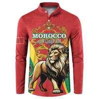 Red button-up sweatshirt with Morocco lion crest front print