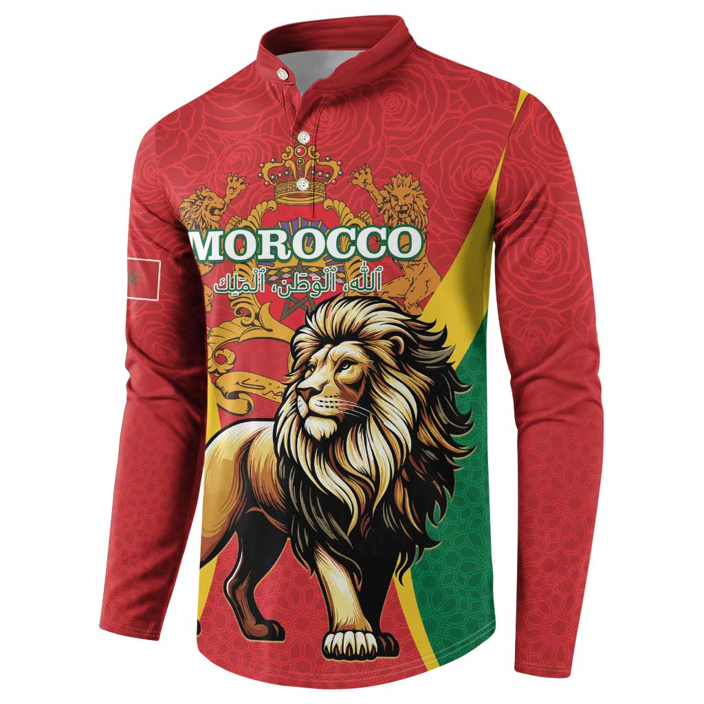 Red button-up sweatshirt with Morocco lion crest and Arabic script front
