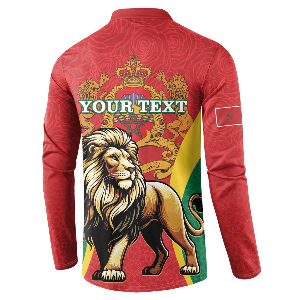 Red button-up sweatshirt with back Morocco crest and YOUR TEXT over lion
