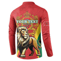 Red button-up sweatshirt with back Morocco crest and YOUR TEXT over lion
