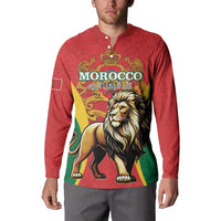 Red button-up sweatshirt with Morocco lion crest and multicolor emblem front