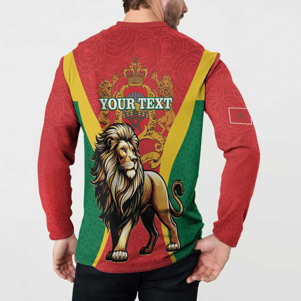 Red button-up sweatshirt back print with YOUR TEXT, lion, and green-yellow stripes