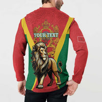 Red button-up sweatshirt back print with YOUR TEXT, lion, and green-yellow stripes