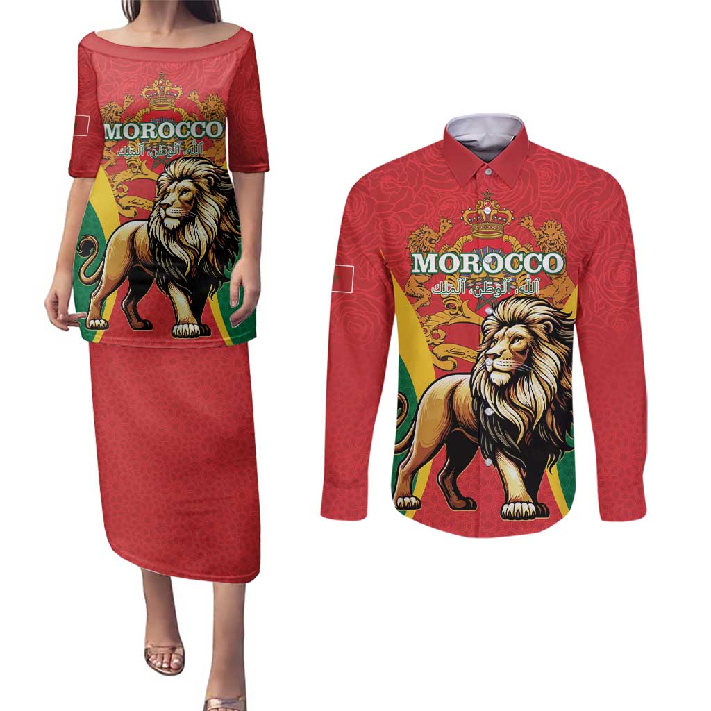 Personalised Morocco Proclamation Day Couples Matching Puletasi and Long Sleeve Button Shirt Barbary Lion Mix Islamic Pattern