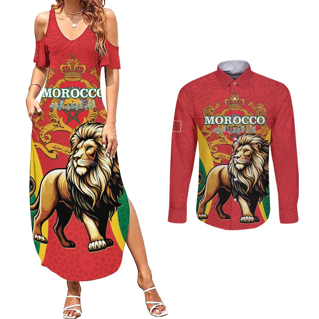 Personalised Morocco Proclamation Day Couples Matching Summer Maxi Dress and Long Sleeve Button Shirt Barbary Lion Mix Islamic Pattern