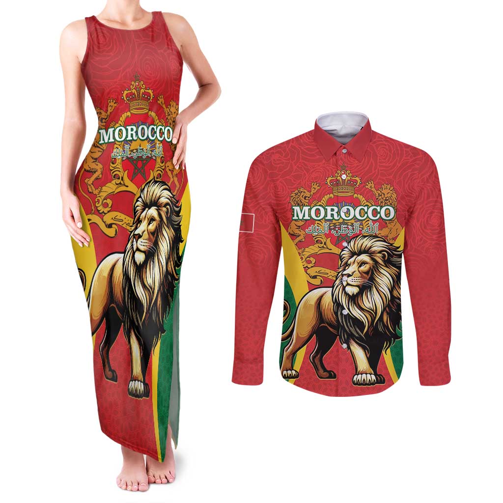 Personalised Morocco Proclamation Day Couples Matching Tank Maxi Dress and Long Sleeve Button Shirt Barbary Lion Mix Islamic Pattern