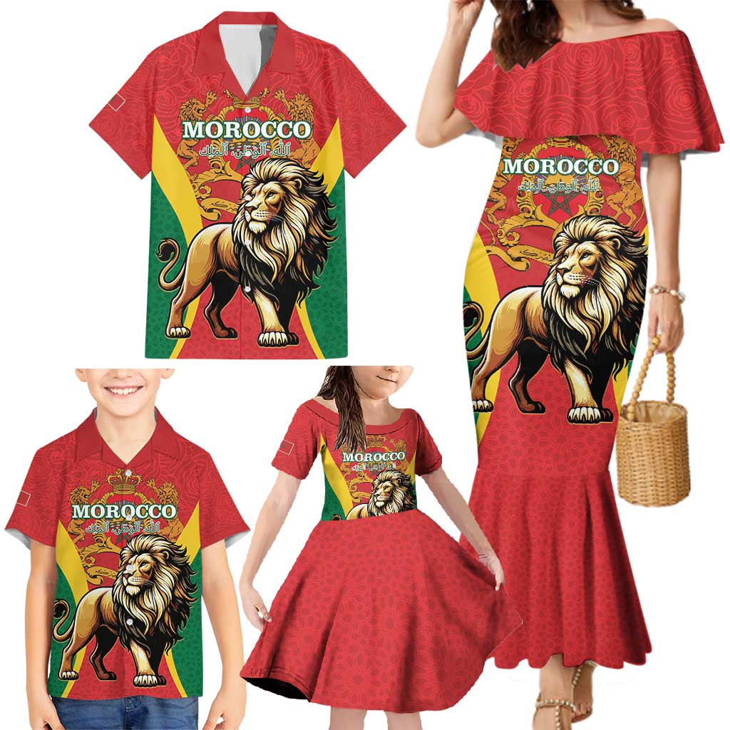 Personalised Morocco Proclamation Day Family Matching Mermaid Dress and Hawaiian Shirt Barbary Lion Mix Islamic Pattern