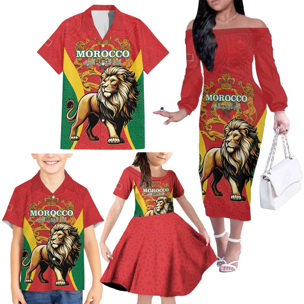 Personalised Morocco Proclamation Day Family Matching Off The Shoulder Long Sleeve Dress and Hawaiian Shirt Barbary Lion Mix Islamic Pattern