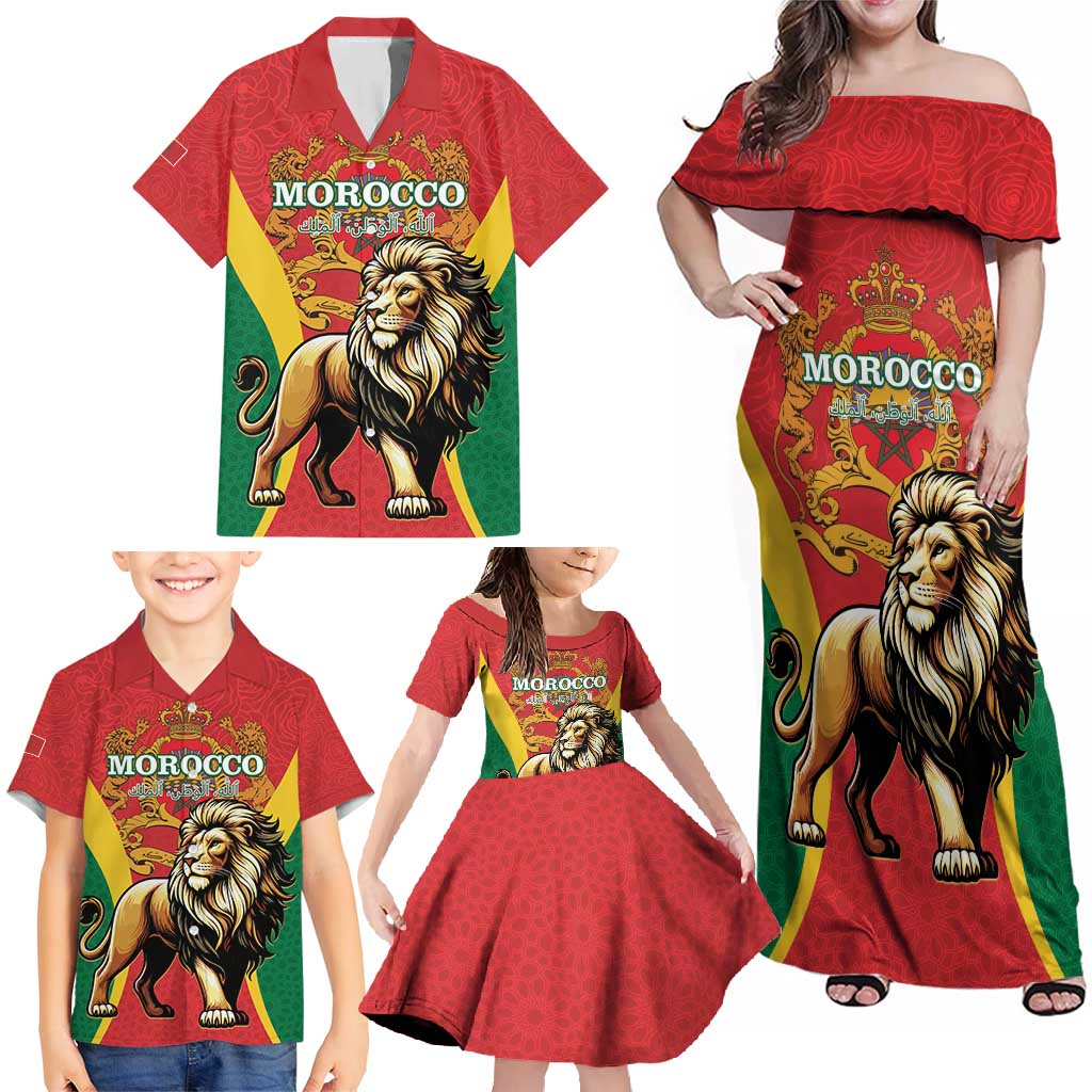 Personalised Morocco Proclamation Day Family Matching Off Shoulder Maxi Dress and Hawaiian Shirt Barbary Lion Mix Islamic Pattern