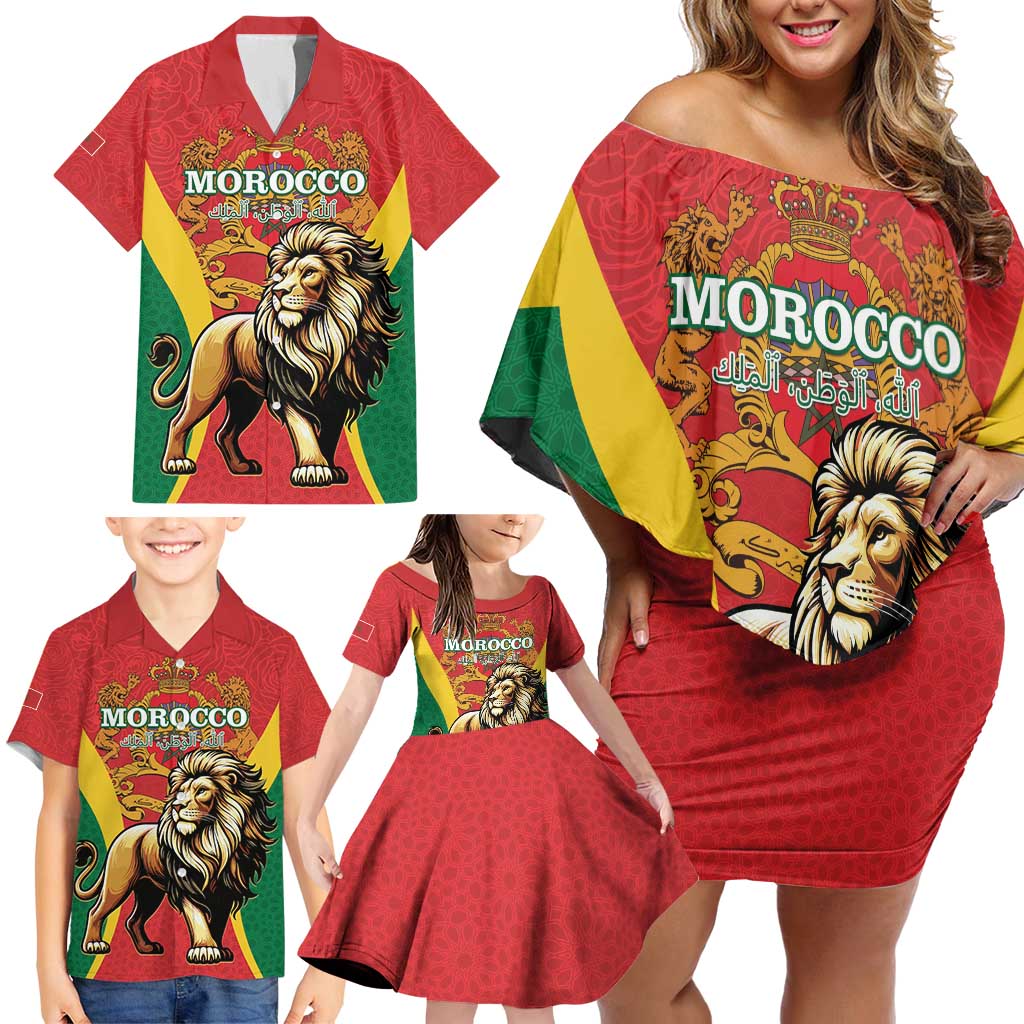 Personalised Morocco Proclamation Day Family Matching Off Shoulder Short Dress and Hawaiian Shirt Barbary Lion Mix Islamic Pattern