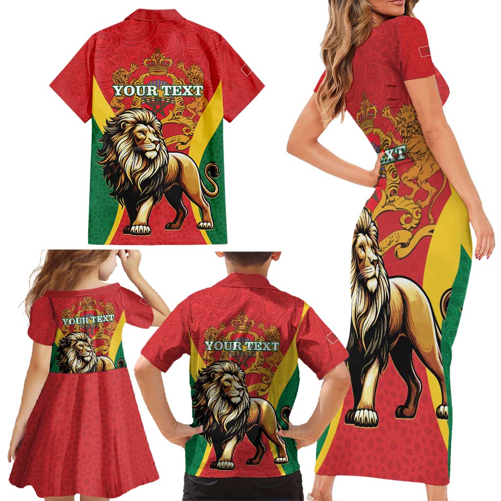 Personalised Morocco Proclamation Day Family Matching Short Sleeve Bodycon Dress and Hawaiian Shirt Barbary Lion Mix Islamic Pattern