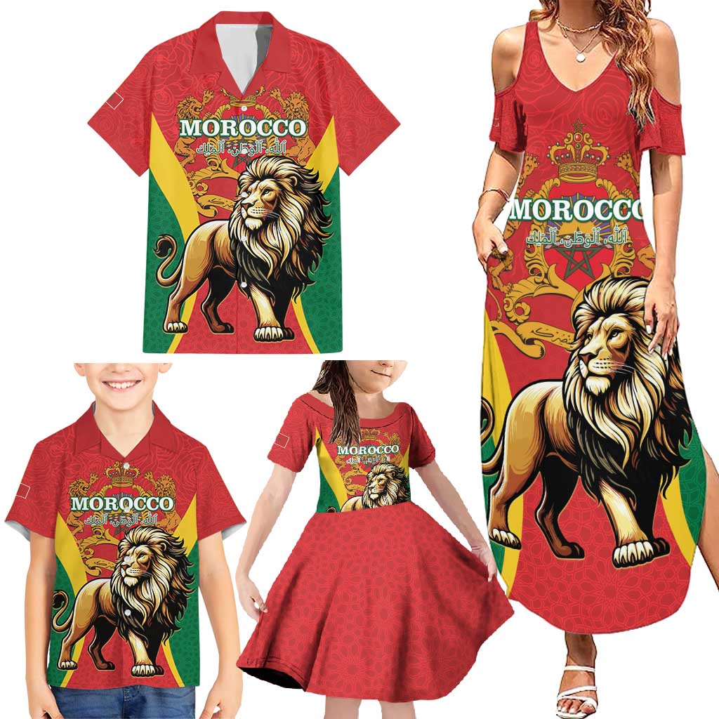 Personalised Morocco Proclamation Day Family Matching Summer Maxi Dress and Hawaiian Shirt Barbary Lion Mix Islamic Pattern