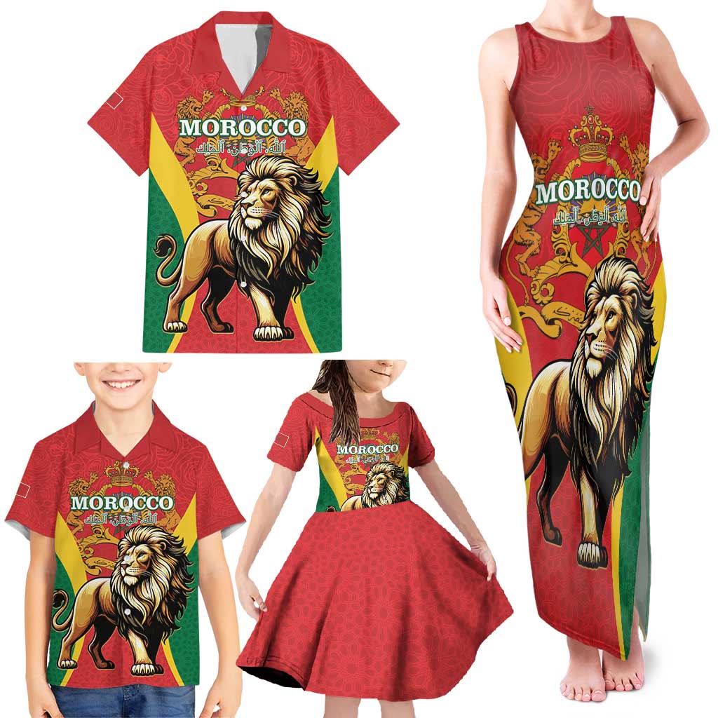 Personalised Morocco Proclamation Day Family Matching Tank Maxi Dress and Hawaiian Shirt Barbary Lion Mix Islamic Pattern