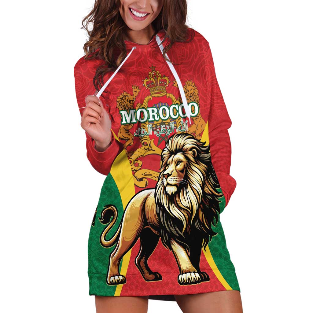 Personalised Morocco Proclamation Day Hoodie Dress Barbary Lion Mix Islamic Pattern - Wonder Print Shop