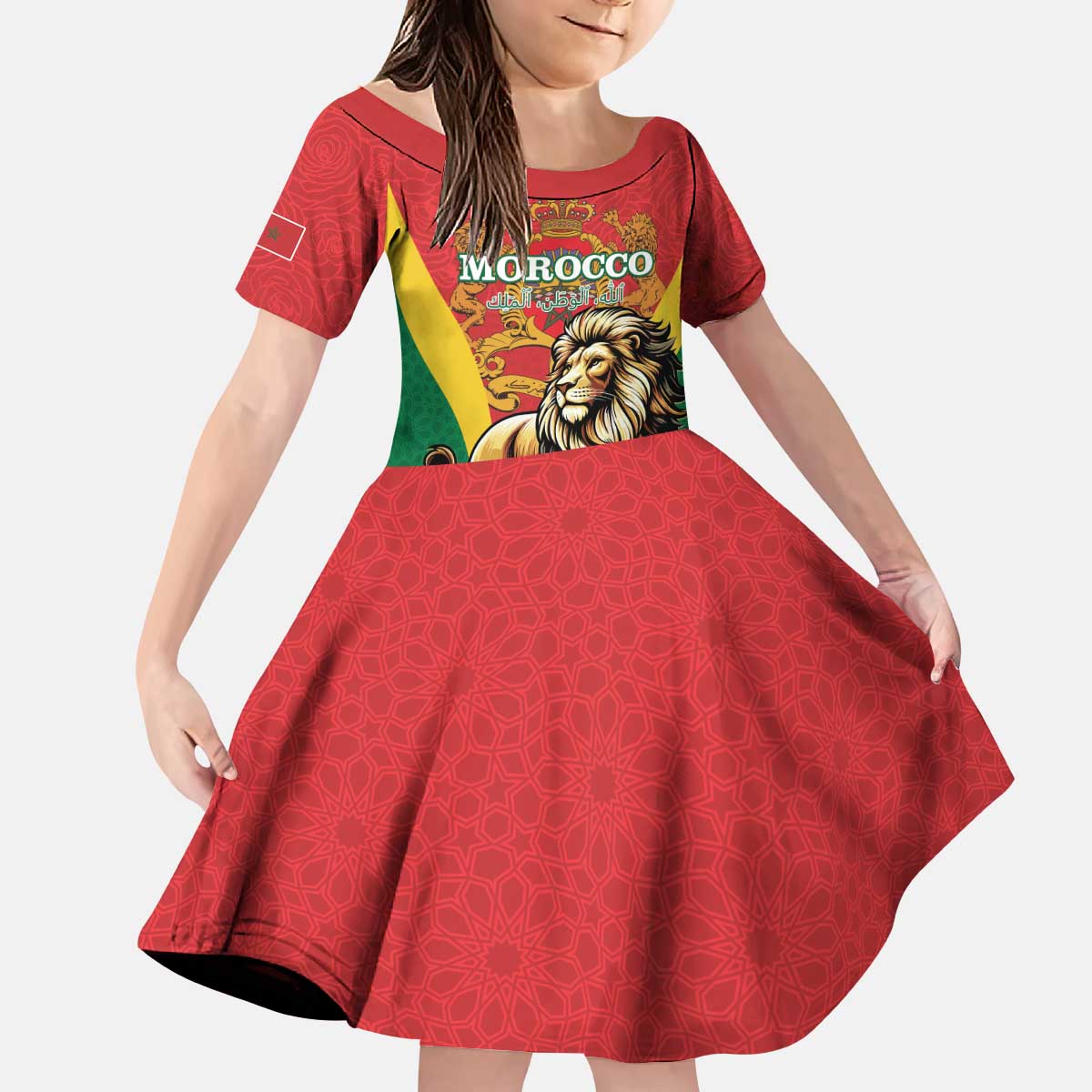 Personalised Morocco Proclamation Day Kid Short Sleeve Dress Barbary Lion Mix Islamic Pattern