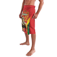 Red printed elastic-waist wrap skirt with lion crest and yellow-green side panel