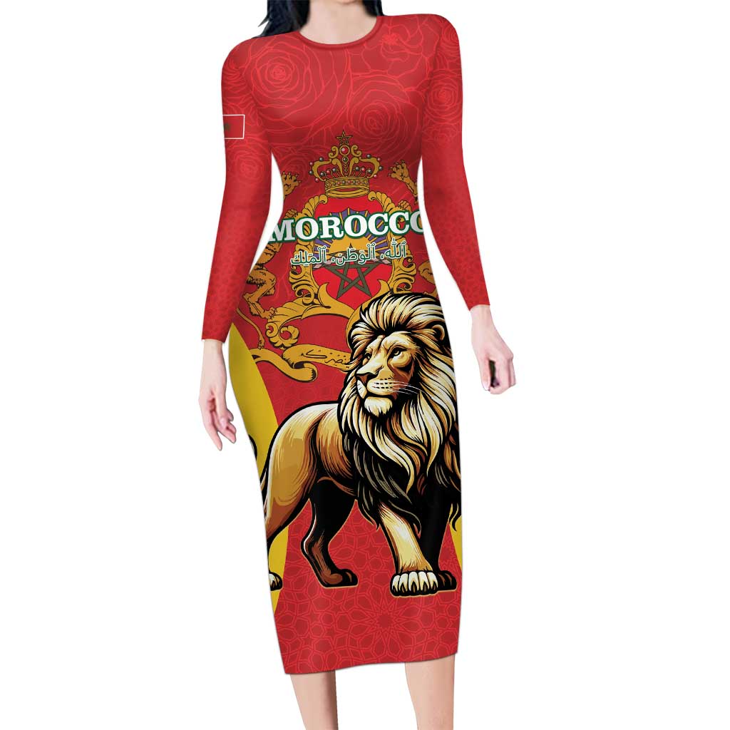 Personalised Morocco Proclamation Day Long Sleeve Bodycon Dress Barbary Lion Mix Islamic Pattern - Wonder Print Shop