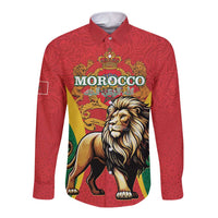 Red long-sleeve button shirt with Morocco-style lion crest graphic and ornate pattern