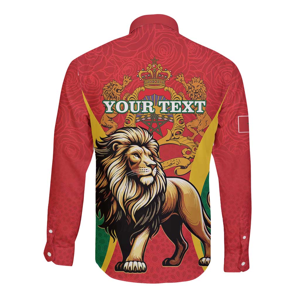Red long-sleeve button shirt with lion crest back and 'YOUR TEXT' personalization