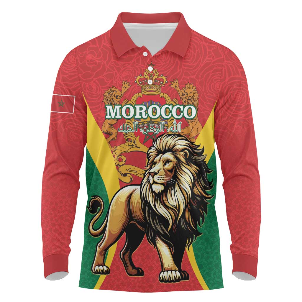 Personalised Morocco Proclamation Day Long Sleeve Polo Shirt Barbary Lion Mix Islamic Pattern - Wonder Print Shop