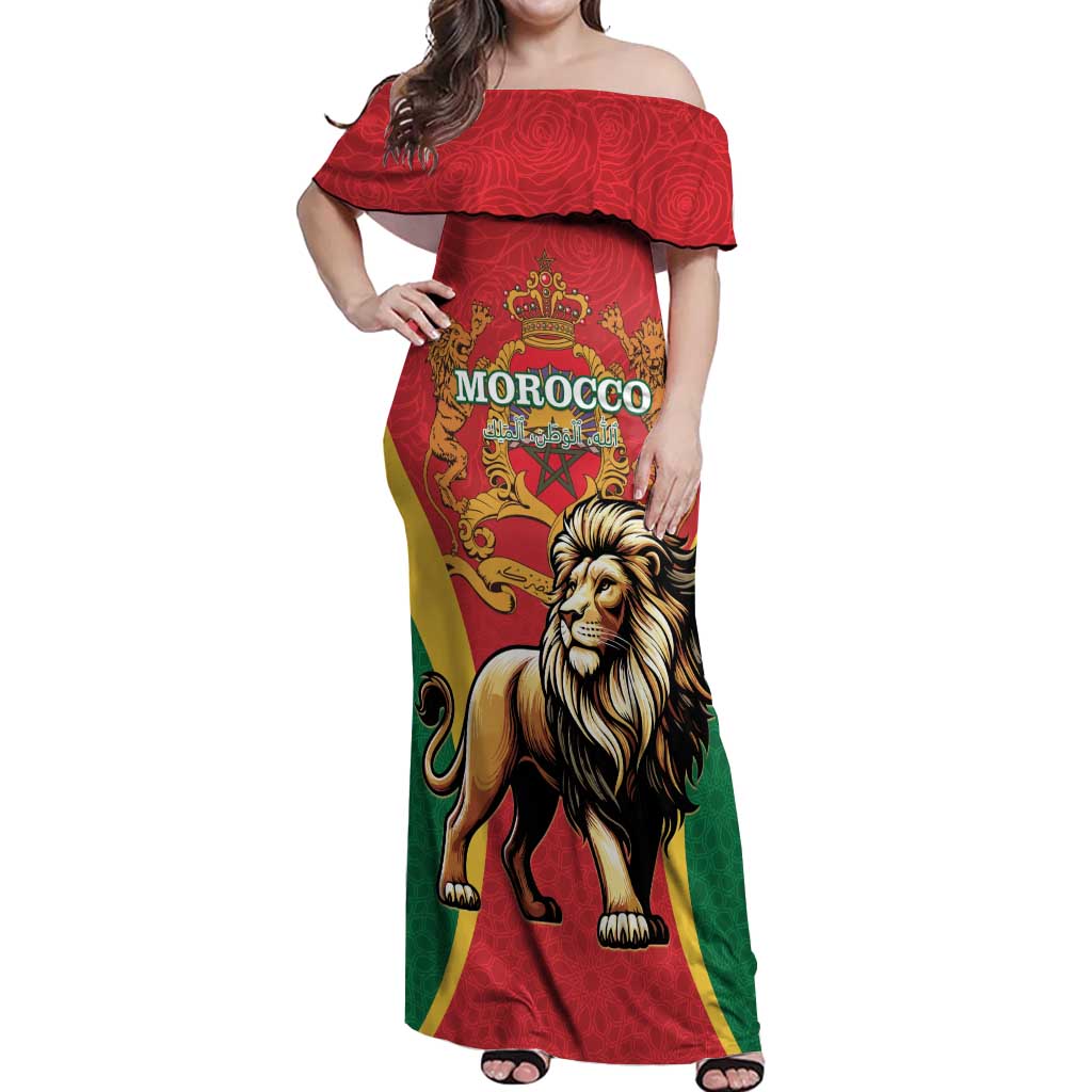 Personalised Morocco Proclamation Day Off Shoulder Maxi Dress Barbary Lion Mix Islamic Pattern - Wonder Print Shop