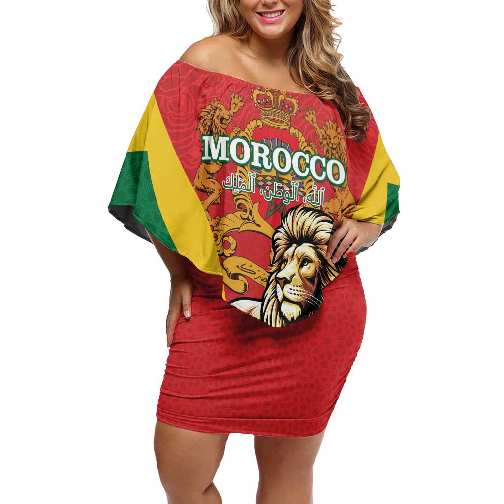 Personalised Morocco Proclamation Day Off Shoulder Short Dress Barbary Lion Mix Islamic Pattern - Wonder Print Shop