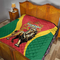 Moroccan quilt on a bed: red and green panels with crowned lion emblem and “YOUR TEXT”