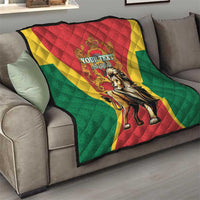 Moroccan quilt draped on sofa: red, green, and yellow diamond pattern with crowned lion