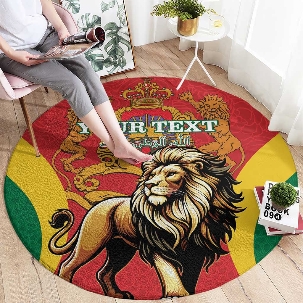 Round lion print rug with red background, yellow field, and green side arcs