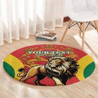 Lion-themed round carpet with red, yellow, and green sections and decorative motifs