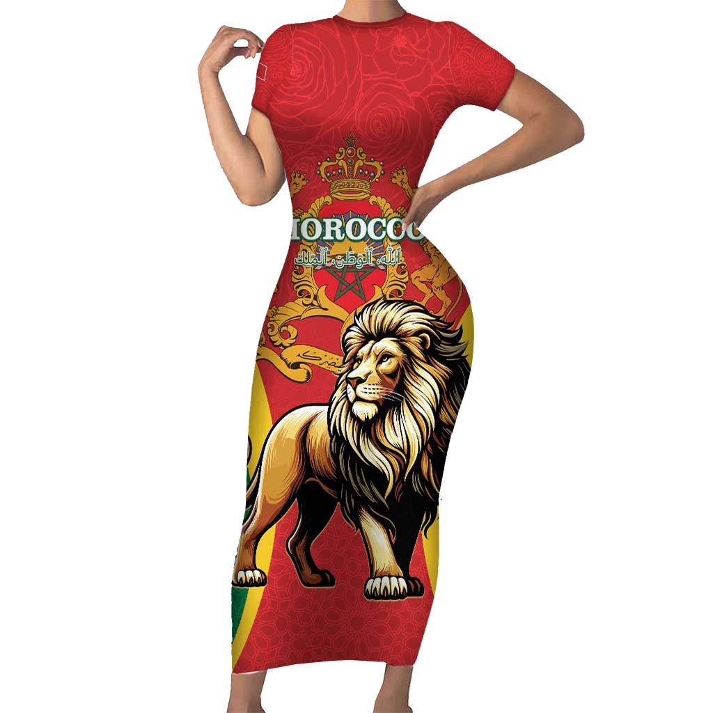 Personalised Morocco Proclamation Day Short Sleeve Bodycon Dress Barbary Lion Mix Islamic Pattern - Wonder Print Shop